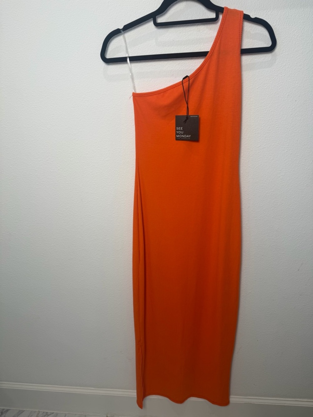 SEE YOU MONDAY LA One Shoulder Ribbed Side Slit Maxi Dress Orange Bodycon NWT L - Picture 2 of 10